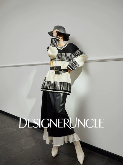 DGU "Ink Domain" black knitted sweater loose slimming retro versatile jacket - Jessie.