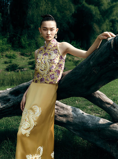 HECO Chinese Retro Style Embroidery Golden Dragon Stand-up Collar Vest Top  - QANT.