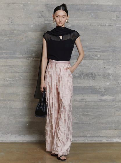 HECO jacquard loose thin wide-leg high waisted black pink apricot PANTS women - PURPOSE.