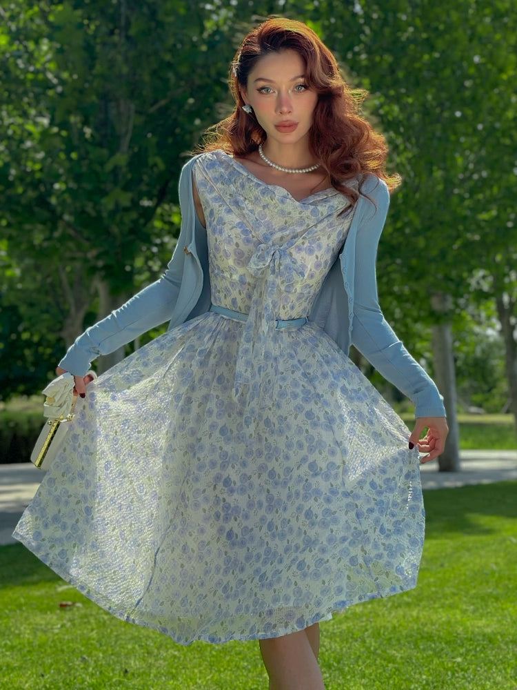 Le Palais Vintage elegant blue floral shawl collar chiffon dress-DIDI