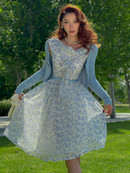 Le Palais Vintage elegant blue floral shawl collar chiffon dress-DIDI