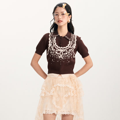 FAME Three-dimensional Jacquard Lapel Knitted Short Sleeve Knit Top - BRIAR.
