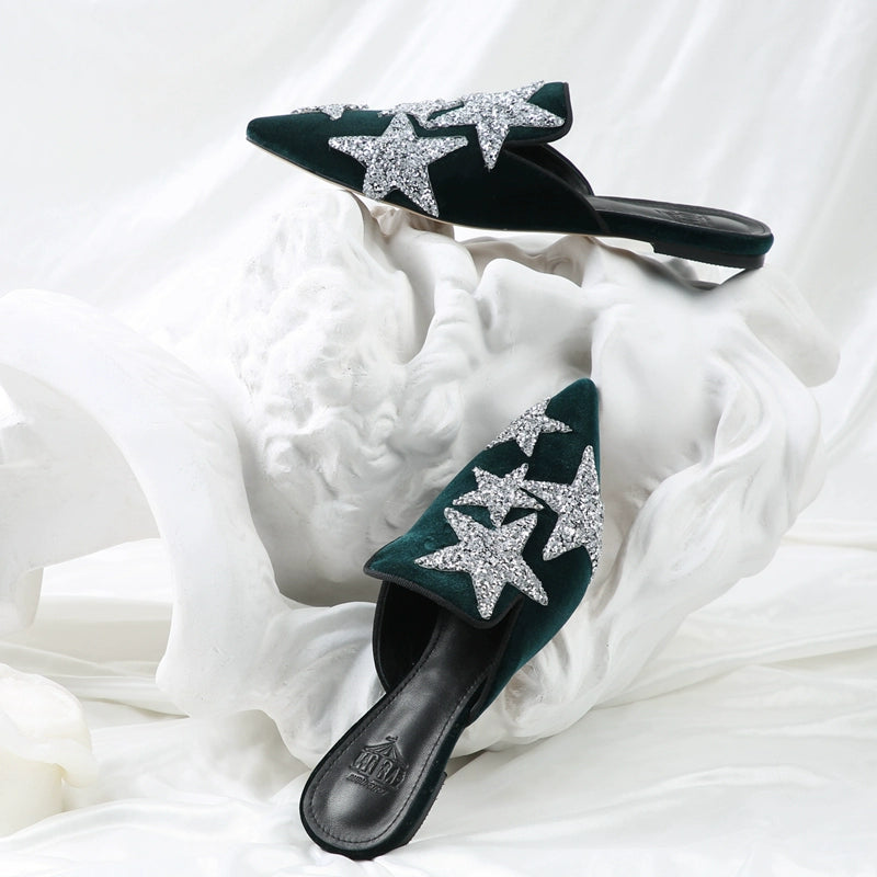 B-FEI rhinestone flats, mules, velvet slippers-LINC.