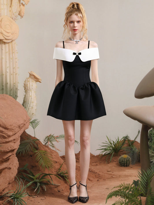 CHECOCRE Stubble French fashion suspender off-the-shoulder black Hepburn-style dress  - TEAR ?