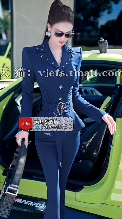 VJE  OL Jacket Micro Flared Pants Two-Piece Set - HIHI.