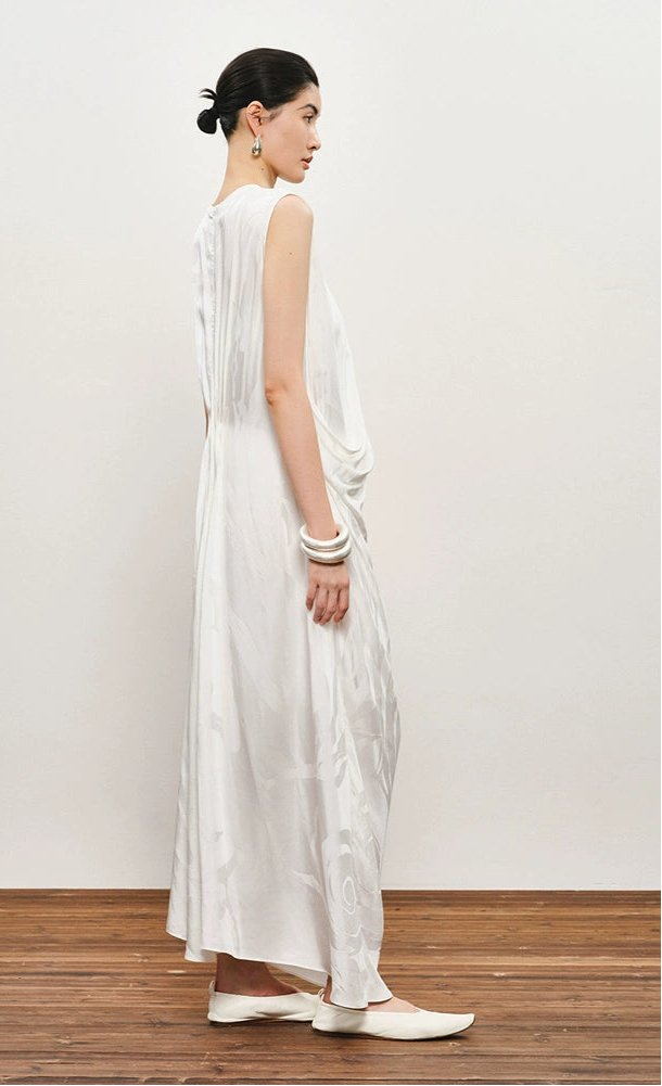 ZHUCHONGYUN White Dark Texture Pleated Sleeveless Dress-KATAKURI.