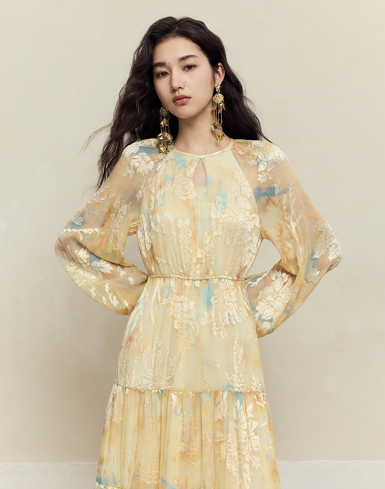 HECO silk peony burnt flower pendulum long-sleeved dress women - healer.