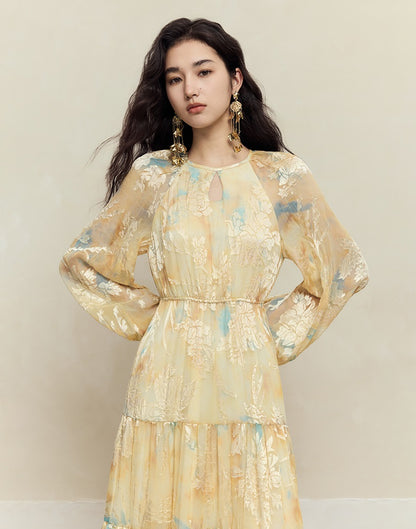 HECO silk peony burnt flower pendulum long-sleeved dress women - healer.