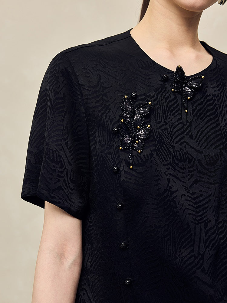 HECO Jacquard Round Neck Short Sleeve Black White Shirt Top Woman - GRACE.