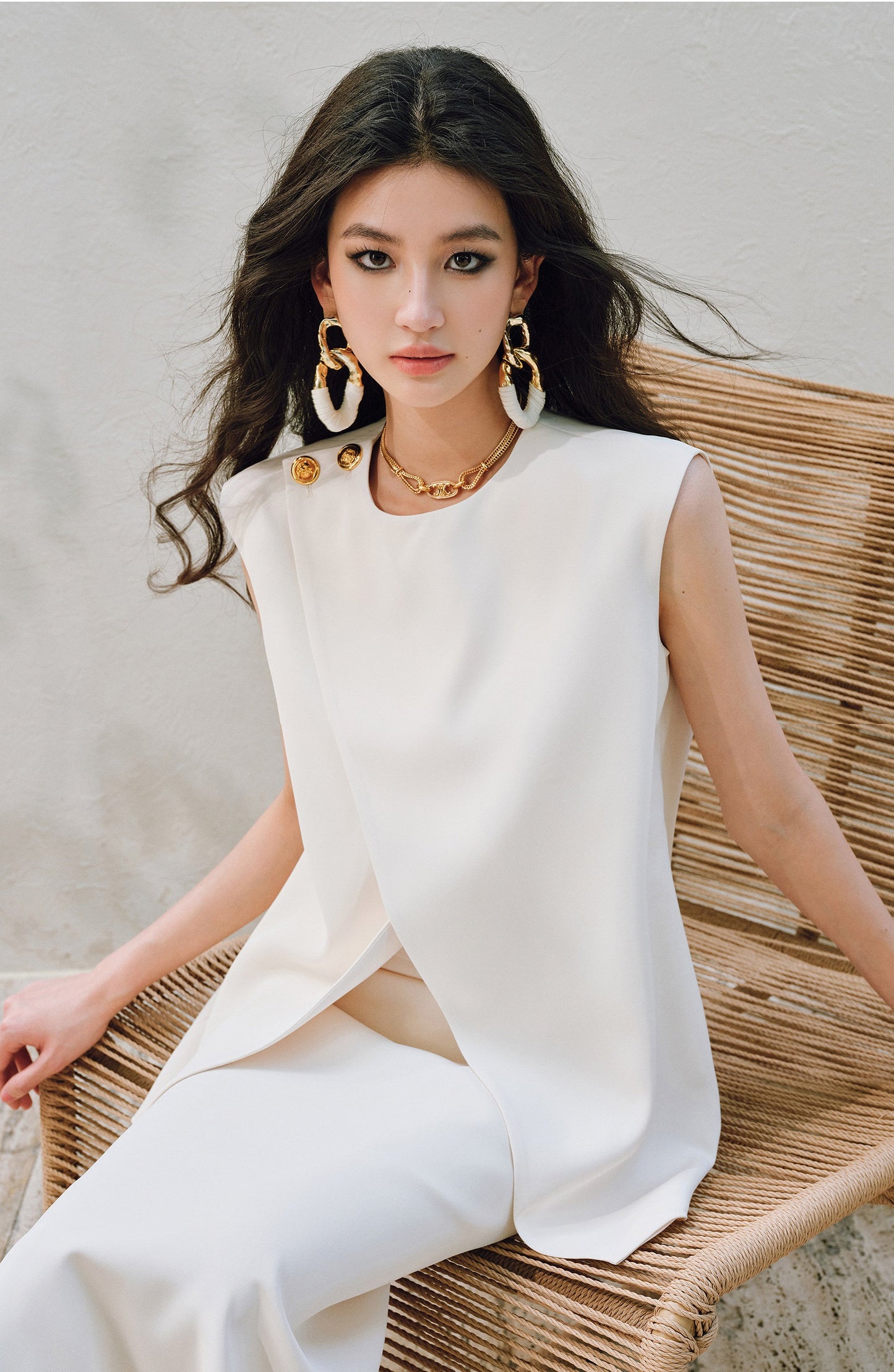 WANGXO | Imported Twisted Drape Fabric Elegant Commuter-Style Diagonal Placket with Loose Pleated Slit Vest & Skirt Suit Set -NALA