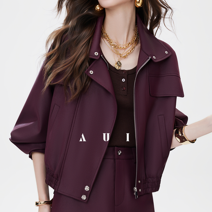 AUI Quiet Luxury Style Stand Collar Jacket Slit A-Line Skirt Two-Piece Set -  Eun Ae!