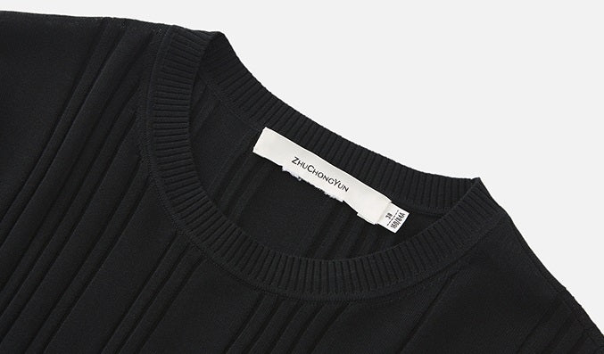 ZHUCHONGYUN black simple mid-sleeve slim knit top-IKARI.