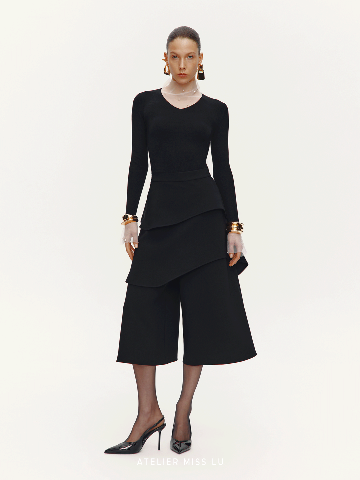 ATELIER MISS LU Pearl Embellished Gauze Patchwork Knit Top - MATT