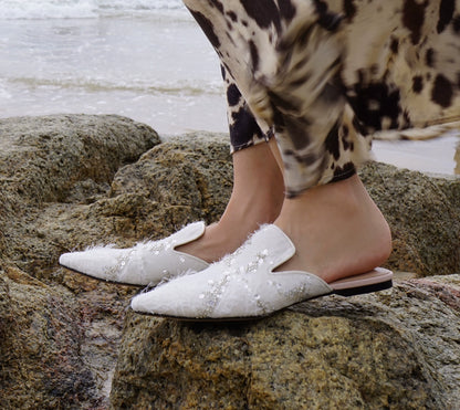 B-FEI women's flat lazy pointed white toe mules-ANDI.
