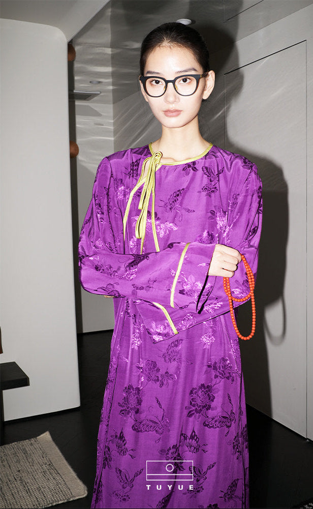 TUYUE Imperial Purple Side Placket Crew Neck Slit Lace-up Dress - JENNIFER.