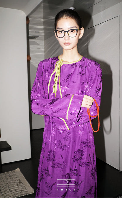 TUYUE Imperial Purple Side Placket Crew Neck Slit Lace-up Dress - JENNIFER.