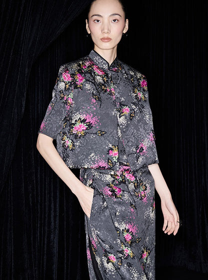 M essential Mackay designer cherry blossom print beads down short vest - LAND.