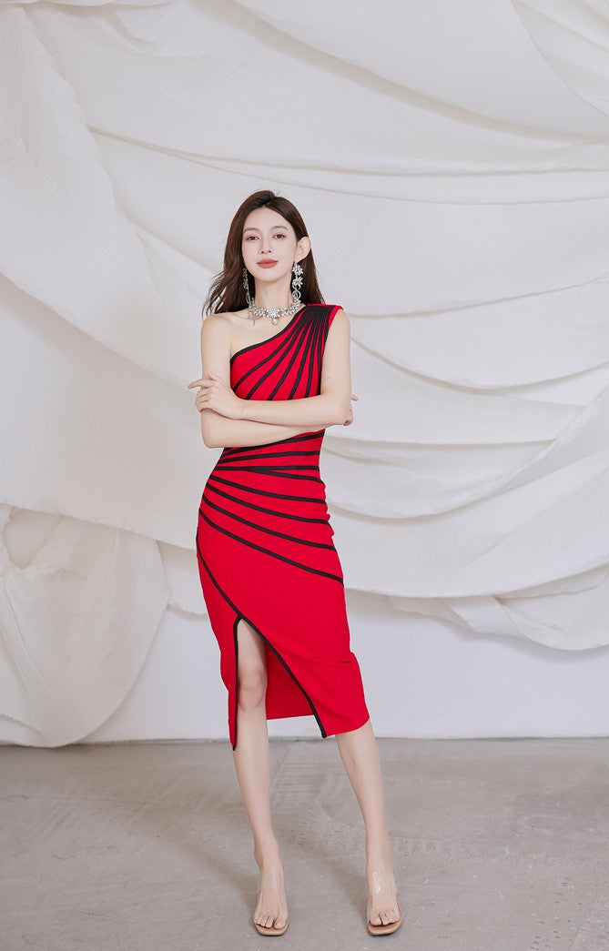 DOLLY Elegant One Shoulder Sleeveless Stripped Slim Fit Slit Dinner Dress-ZEN