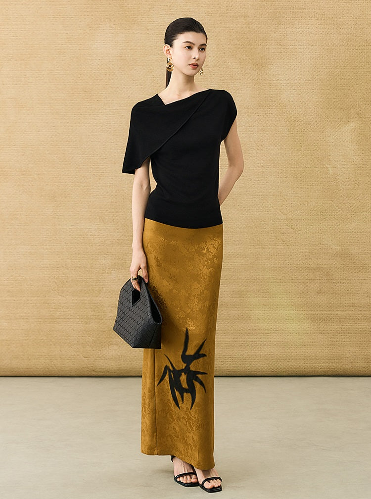 HECO Chinese high-end acetate bamboo feminine temperament printed slit skirt - COLT.