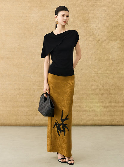 HECO Chinese high-end acetate bamboo feminine temperament printed slit skirt - COLT.