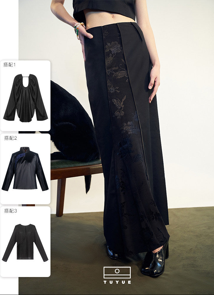 TUYUE Black Improved Horse Face Satin Woven Raw Edge Skirt- ASHLEY.