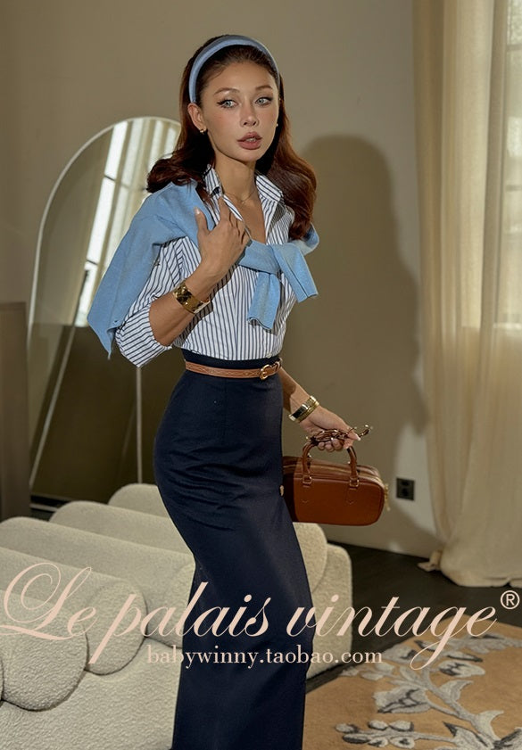Le Palais Vintage Slim Woolen Vest + Long Sleeve Stripped Shirt + Long Wide Leg Pants-LIM