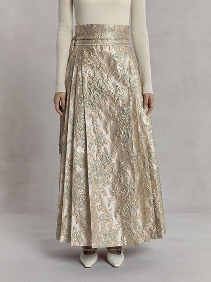 HECO high waist pleat blue purple green jacquard Embossed Skirt Women - king.