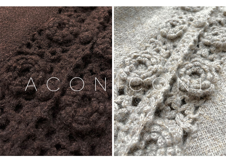 Aconiconi Luxury Loose V-Neck Long Sleeve Crochet Sweater - Camellia in the Fields