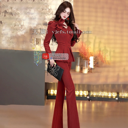 VJE Three-dimensional Flower Top Flared Pants Two-Piece Irregular Suit-LIMI.