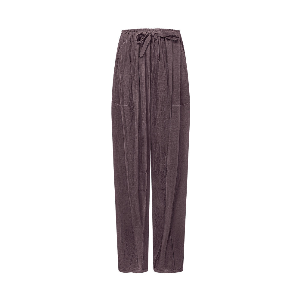 TUYUE Brown Red Elastic Waist Loose Drape Casual Pants - CLARA.
