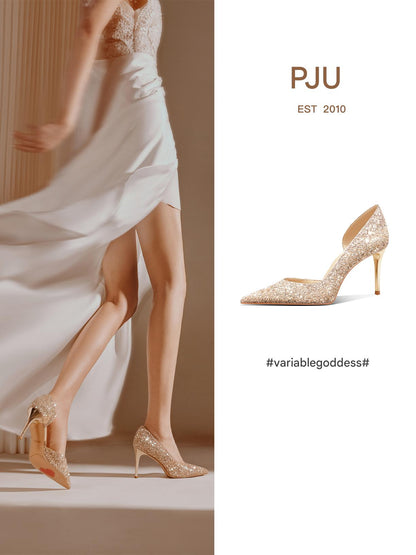 pjjuu gold side air high female summer bride's beautiful show He dress wedding shoes - SAQA