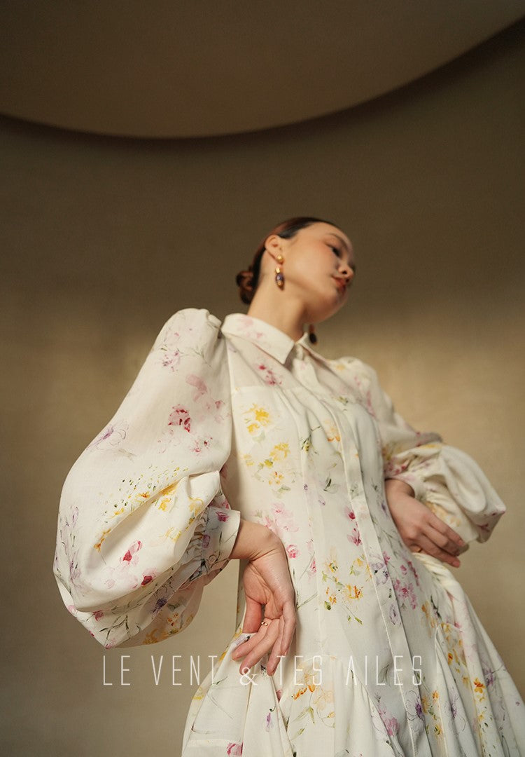 LE VENT&TES AILES Luxury summer vacation floral print Fancy Midi Dress-ZOE