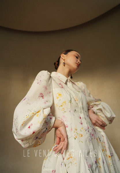 LE VENT&TES AILES Luxury summer vacation floral print Fancy Midi Dress-ZOE