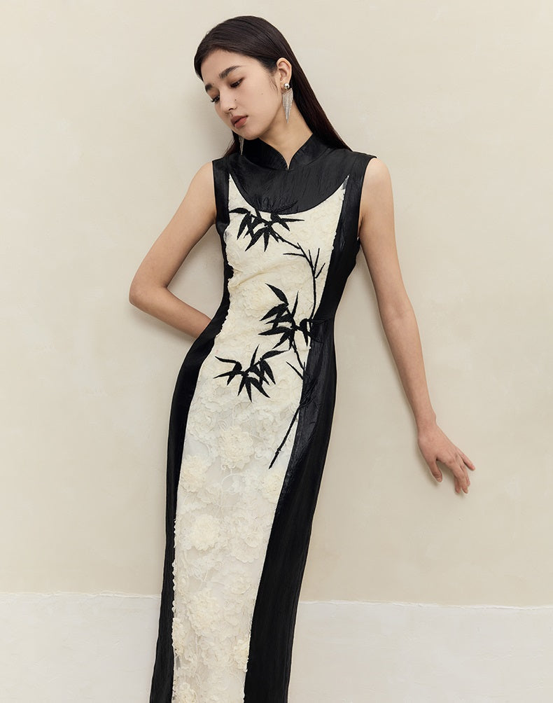 HECO Embroidered Acetate Cheongsam Sleeveless Midi Dress - what.