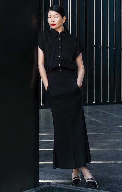 COMME MOI  summer women's black slit hip fishtail skirt - HARLEM.