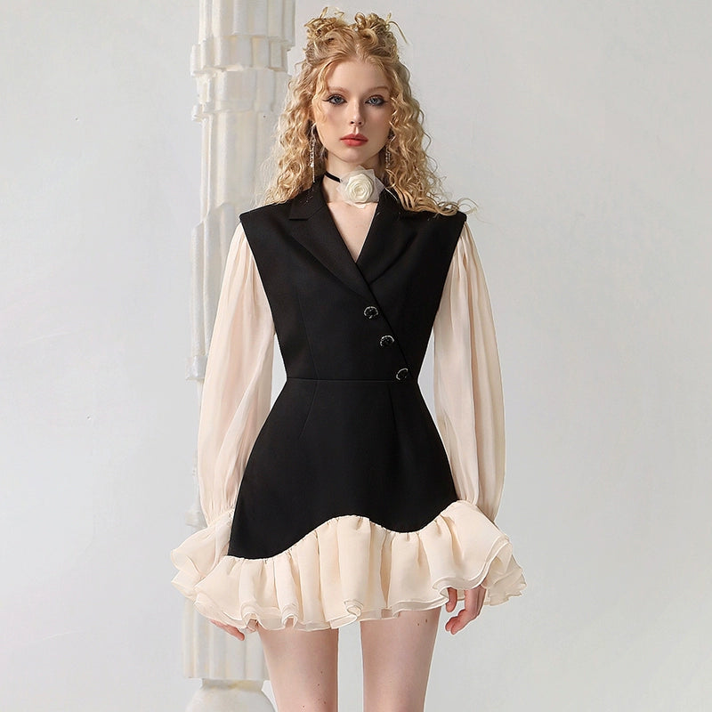 CHECOCRE Elegant Ruffle Contrasting Design Black Suit Dress- EDNA