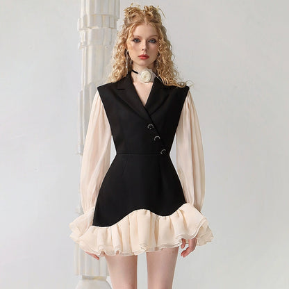 CHECOCRE Elegant Ruffle Contrasting Design Black Suit Dress- EDNA