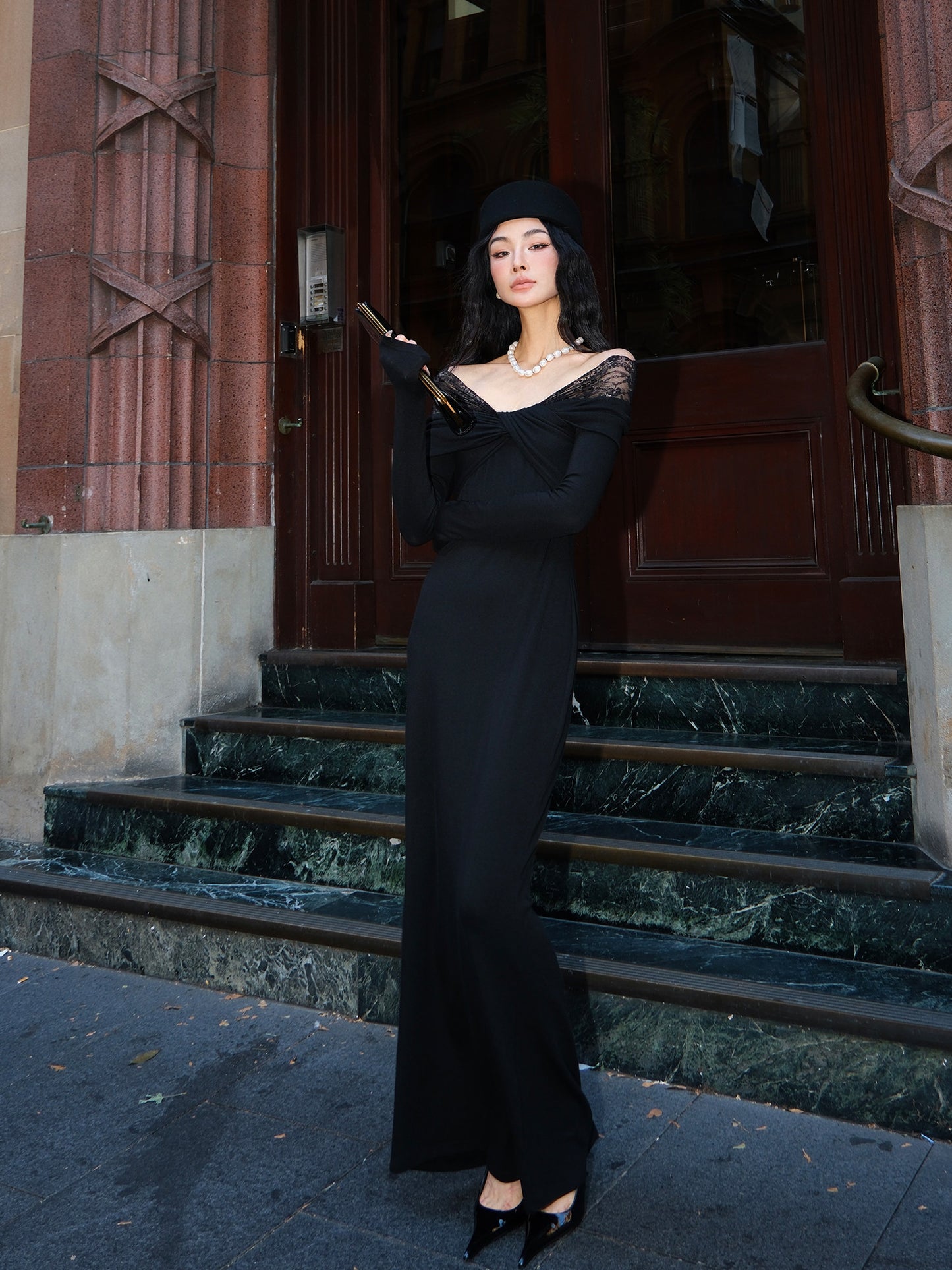 MEI SANGUAN Black V-Neck Stretch Lace Maxi Dress - GABRIEL