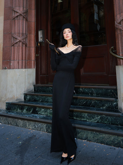 MEI SANGUAN Black V-Neck Stretch Lace Maxi Dress - GABRIEL