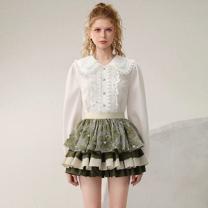 CHECOCRE Stubble French vintage lace cute double-collar top - PETER.