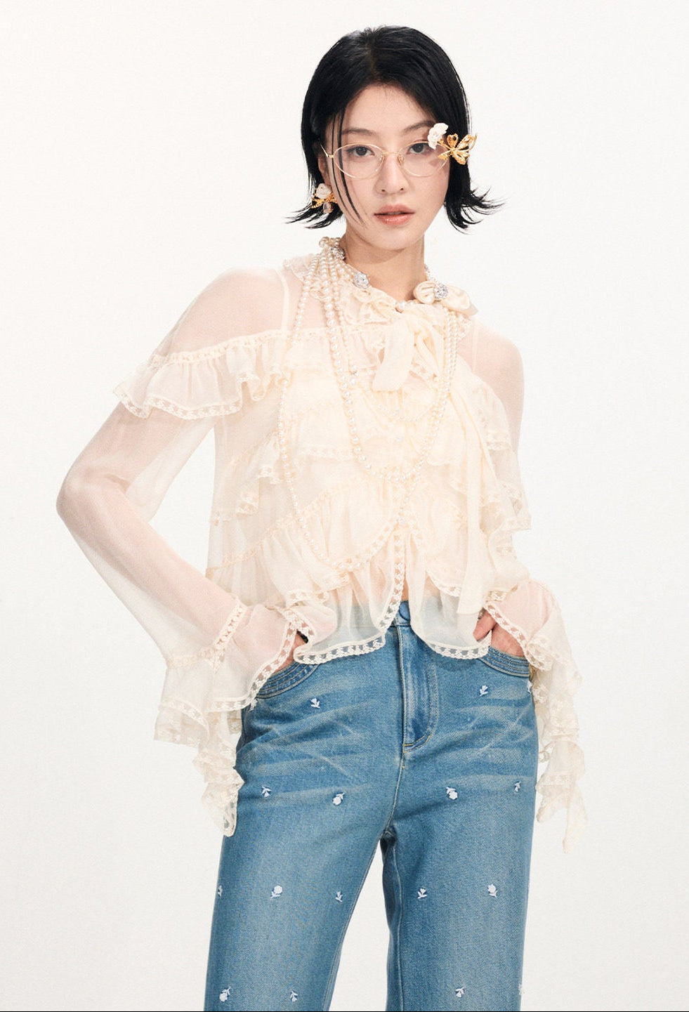 FAME Ruffle Collar Embroidered Trim Layered Mulberry Silk Top - JASON.