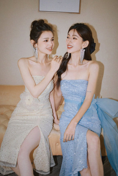 DOLLY Elegant Blue Flower Ribbon Tube Sequin Fish Tail Dinner Dress-LONE