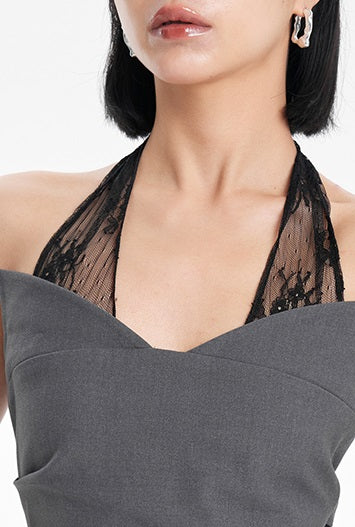 TINY IN  irregular sexy lace spliced gray halter neck top-FLORA