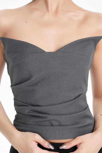 TINY IN  irregular sexy lace spliced gray halter neck top-FLORA