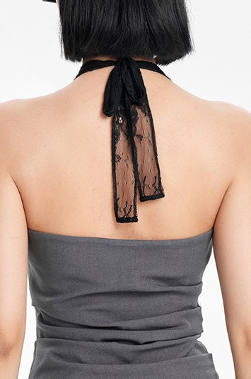 TINY IN  irregular sexy lace spliced gray halter neck top-FLORA