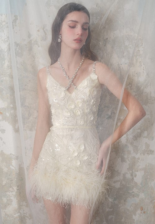 Wardrobes by Chen Luxury V-Neck Sleeveless Floral Feather Short bridal Dress-Shife