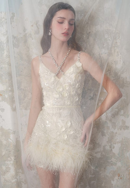 Wardrobes by Chen Luxury V-Neck Sleeveless Floral Feather Short bridal Dress-Shife