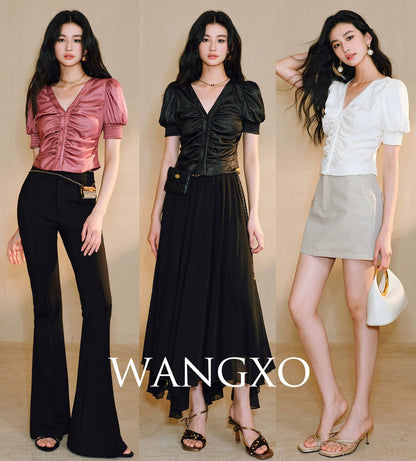 WANGXO Lumina Silk Satin Twill V-Neck Puff Sleeve Top - REYNA.