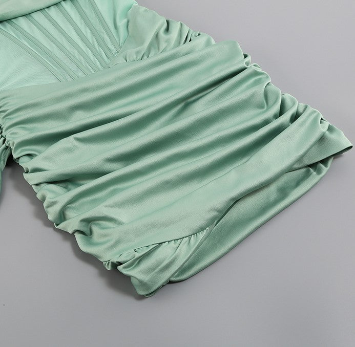 DOLLY Elegant Green Off Shoulder Corset Chest Wrap Pleated Satin Party Dress-DEVIKA