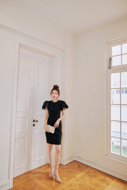 DOLLY Elegant Black Half Turtle Neck Short Puff Sleeve Midi Mesh Dinner Dress-AARTI